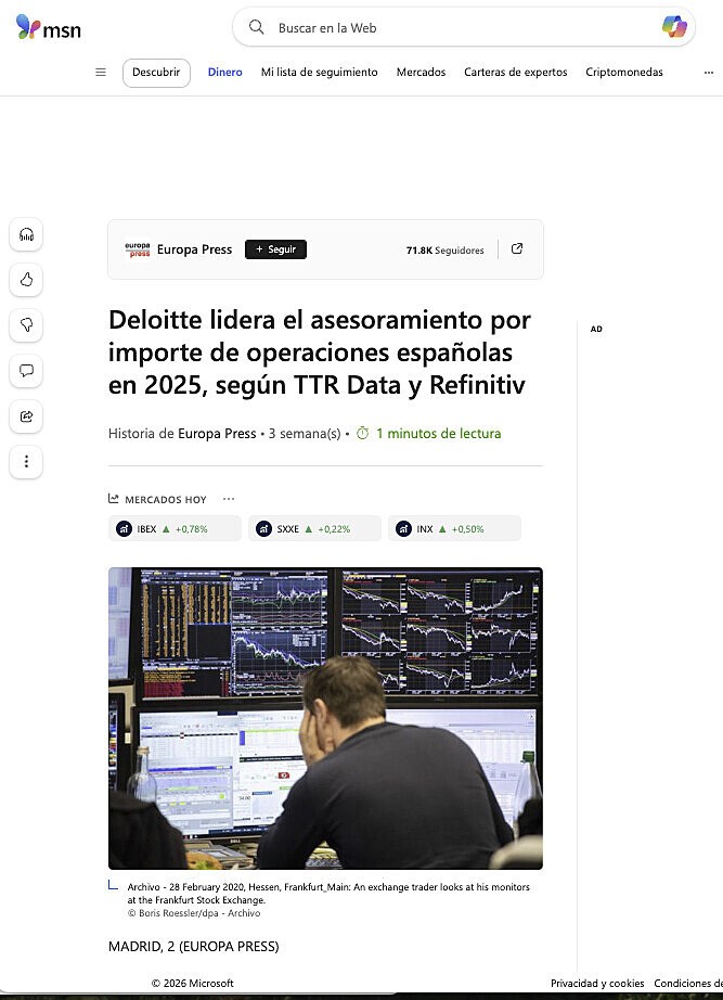 Deloitte lidera el asesoramiento por importe de operaciones espa�olas en 2025, seg�n TTR Data y Refinitiv